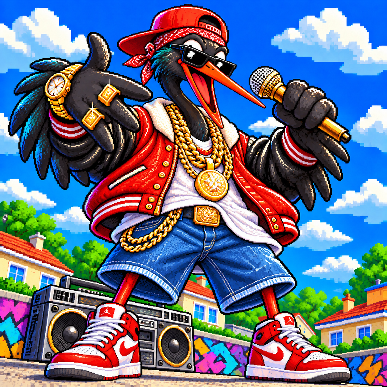 Pixel stork Lil Strk in a red cap with a gold chain and microphone